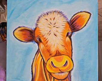 Peinture vache, peinture animaux de la ferme, oeuvre d'art originale, peinture acrylique, peinture bébé veau, décoration de ferme, décoration tendance, art mural vache