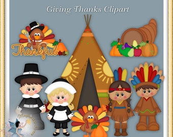 May include: A digital illustration set titled Giving Thanks Clipart featuring a brown teepee, a cornucopia with vegetables, two turkeys, and four cartoon characters dressed in historical attire, with the text MAGICMAKER-SCRAPS.COM and PU/CU/S4H/S4O.
