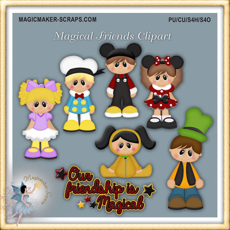 May include: A digital clipart set of seven cartoon characters, including a girl with blonde hair and a purple dress, a boy with a blue and white sailor outfit, a boy with a black and red Mickey Mouse outfit, a girl with a red and white Minnie Mouse outfit, a girl with a yellow jumpsuit, a boy with a green hat and a black vest, and a boy with a blue shirt and jeans. The text "Our friendship is Magical" is at the bottom of the image.