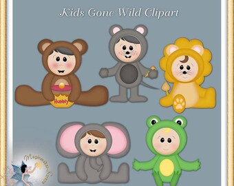May include: Digital clipart featuring five cartoon characters dressed in animal costumes: a bear, a mouse, a lion, an elephant, and a frog. The bear holds a honey pot. The text "Kids Gone Wild Clipart" is displayed at the top.