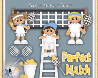 May include: Digital clipart set featuring two tennis players in white uniforms, a tennis net, a referee chair, tennis rackets, and a bucket of yellow tennis balls. The text reads MAGICMAKER-SCRAPS.COM, PU/CU/S4H/S4O, Perfect Match Clipart, and Perfect Match.