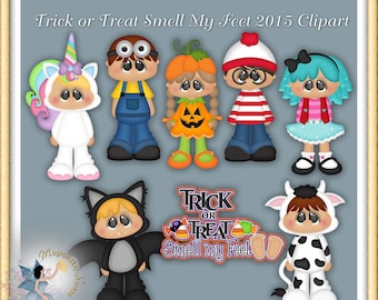 May include: A set of eight digital clipart images featuring children dressed in various Halloween costumes. The costumes include a unicorn, a minion, a pumpkin, a striped shirt, a cow, a bat, and a girl with a blue bow. The text "Trick or Treat Smell My Feet 2015 Clipart" is at the top of the image.
