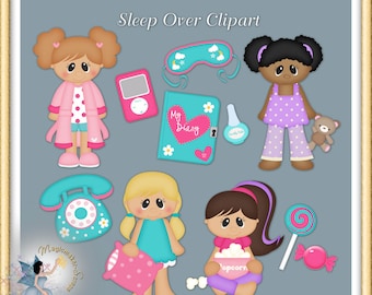 Sleep Over Clipart, Girl Clipart, Digital Scrapbook, Commercial Use, Pajama Party