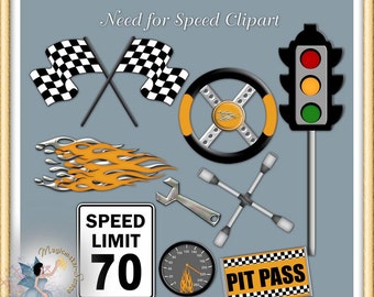 May include: A collection of racing-themed digital graphics including two crossed checkered flags, a steering wheel, a traffic light, orange flames, a wrench, a lug wrench, a speed limit 70 sign, a speedometer, and a rectangular pit pass sign.