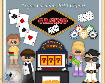 May include: A digital graphic set titled Vegas Vacation 2015 Clipart featuring cartoon characters, playing cards, casino chips, dice, and a slot machine with the text CASINO, 777, LUCKY, and 100 on a dollar bill, all set against a gray background.