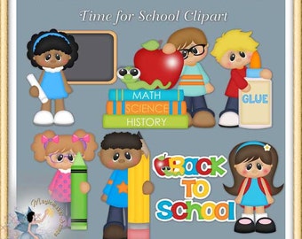 May include: A digital collection of school-themed clipart featuring cartoon children, a stack of books labeled Math, Science, and History, a red apple with a green worm, a glue bottle, a crayon, a pencil, and the text Back To School.