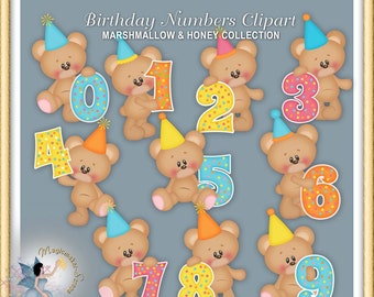 Birthday Candle Clipart, Teddy Bear, Birthday Numbers, MArshmallow and Honey