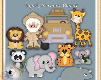 Puede incluir: Un conjunto de ilustraciones digitales titulado Safari Adventure Clipart que presenta a un explorador, un vehículo de safari beige, un león, una jirafa, un panda, un elefante, un tigre, un koala y un hipopótamo sobre un fondo azul con el texto MAGICMAKER-SCRAPS.COM.