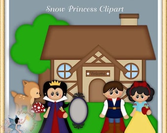 May include: Snow Princess Clipart image featuring a fairytale scene. A brown house with a green tree, a deer, and a mushroom are in the background. The Evil Queen, Prince, and Snow White are in the foreground. The image includes the text "Snow Princess Clipart".
