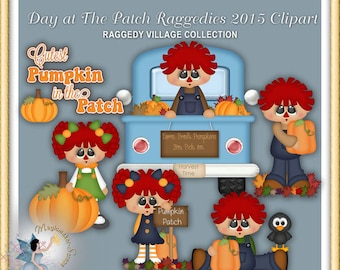 May include: Digital clipart set titled Day at The Patch Raggedies 2015 featuring cartoon dolls with red yarn hair, blue overalls, and dresses. The collection includes a light blue truck, orange pumpkins, autumn leaves, and signs with text.