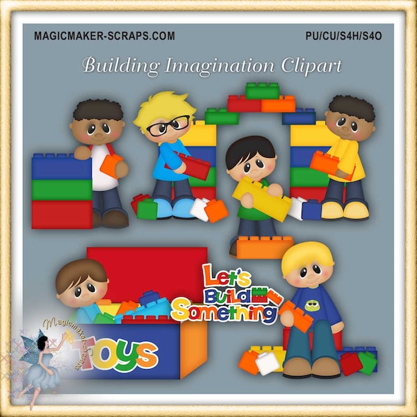 Boys at Play Clipart, Toy Blocks, Building Imagination