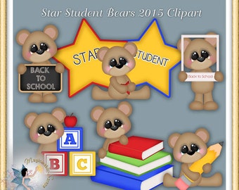 May include: A digital illustration set titled Star Student Bears 2015 Clipart featuring six brown teddy bears with large eyes. The bears interact with school-themed items including a chalkboard, star signs, ABC blocks, books, and a pencil.