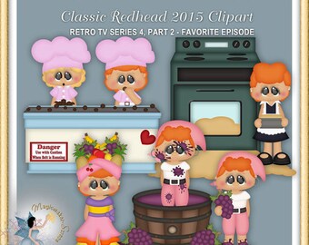 May include: Digital clipart set featuring cartoon characters with red hair in various kitchen and vineyard scenes. Includes a stove, a conveyor belt with a Danger sign, a wooden grape crushing barrel, and characters wearing pink chef hats or outfits.