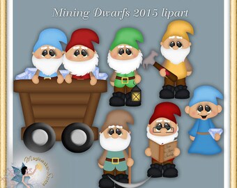 May include: Digital illustration of several cartoon dwarf characters with white beards and colorful hats. Some dwarves are holding tools, a lantern, and a book. The image includes text that reads "Mining Dwarfs 2015 lipart" and "Magicmaker-Scraps.com".