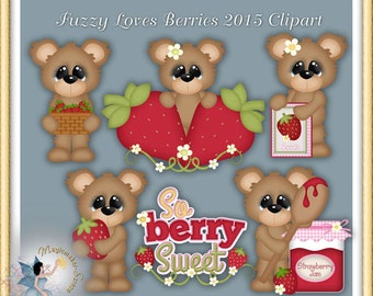 May include: A digital illustration set featuring five brown teddy bears with large black eyes. The bears interact with red strawberries, a basket of berries, a packet labeled Seeds, and a jar of Strawberry Jam. The text So berry sweet is included.
