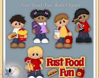 May include: Digital clipart set titled Fast Food Fun Kids Clipart featuring five cartoon children with various fast food items including a burger, fries, a drink, and a clown doll. Text includes MAGICMAKER-SCRAPS.COM, PU/CU/S4H/S4O, and Fast Food Fun.