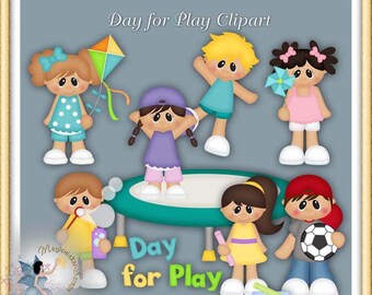 May include: Digital clipart featuring cartoon children with various toys and activities. The image includes a kite, a pinwheel, a soccer ball, and bubbles. Text reads "Day for Play Clipart" and "Day for Play".