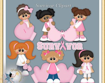 May include: Digital illustration set featuring five cartoon characters with various hairstyles, pink clothing, and accessories. Includes the text MAGICMAKER-SCRAPS.COM, PU/CU/S4H/S40, Survivor Clipart, and SURVIVOR with a pink ribbon replacing the letter V.