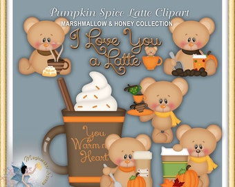 May include: Digital clipart set featuring light brown teddy bears with pink cheeks, coffee mugs, pumpkins, and whipped cream toppings. Text includes Pumpkin Spice Latte Clipart, Marshmallow & Honey Collection, I Love You a Latte, and You Warm my Heart.