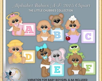 Alphabet Babies Clipart, A-F Chubbies 2015, School, Baby Boy and Baby Girl, African American, Baby Shower