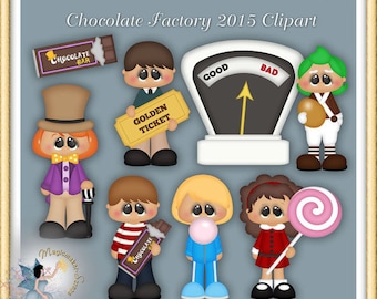 May include: A set of digital clipart images featuring characters from the movie Willy Wonka and the Chocolate Factory. The characters include Willy Wonka, Augustus Gloop, Veruca Salt, Violet Beauregarde, Mike Teavee, and Charlie Bucket. The clipart also includes a chocolate bar, a golden ticket, a weighing scale, and a lollipop.