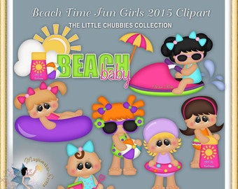 May include: Digital clipart set titled Beach Time Fun Girls 2015 Clipart The Little Chubbies Collection featuring cartoon characters in swimwear, a sun, beach balls, a jet ski, sunscreen bottles, and an umbrella on a gray background.