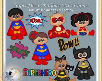 May include: A digital collection of Super Hero Chubbies 2015 Clipart featuring cartoon characters in superhero costumes, including text elements like BOOM!!, POW!!, SPLAT!!, and SUPERHERO, set against a gray background with a gold frame.