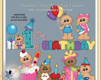 Puede incluir: Una colección digital de imágenes prediseñadas Chubbies First Birthday con bebés de dibujos animados, globos coloridos, gorros de fiesta, cupcakes y cajas de regalo. El texto dice MAGICMAKER-SCRAPS.COM, PU/CU/S4H/S40, Chubbies First Birthday Clipart, THE LITTLE CHUBBIES COLLECTION, VARIATIONS FOR BOY & GIRL and AA INCLUDED, My 1st BIRTHDAY.