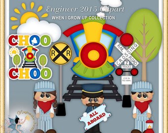 May include: A set of digital clipart images featuring a cartoon train, a conductor, a railroad crossing sign, and a train engineer. The train is blue, green, yellow, and red. The conductor is wearing a blue uniform and a black hat. The engineer is wearing a blue and white striped shirt and a red bandana. The sign is yellow with a black X and the words "RR" on it. The text "CHOO CHOO" is in the image. The text "ALL ABOARD" is on a ticket. The text "RAIL CROSSING ROAD" is on a red sign. The text "2 TRACKS" is on the red sign. The text "STOP ON RED SIGNAL" is on the red sign.