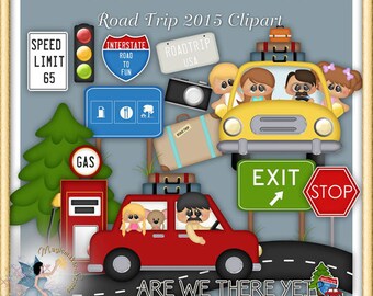 May include: A digital clipart set featuring a road trip theme. The set includes a red car with a family inside, a yellow car with a family inside, a gas station, a stop sign, an exit sign, a speed limit sign, an interstate sign, a road trip sign, a camera, and a tree. The text "Are We There Yet?" is written on the road.