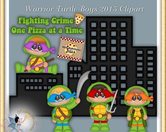 May include: Four cartoon Teenage Mutant Ninja Turtles characters in green, purple, red, and orange costumes, standing in front of a black cityscape. The text "Fighting Crime One Pizza at a Time" is above the characters. A pizza box with the text "HOT-MeDelicious PIZZA" is in the background.
