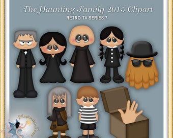 May include: A digital illustration featuring cartoon characters from "The Haunting Family 2015 Clipart" series. The characters include a Frankenstein-like figure, a woman in a black dress, a bald figure, a girl in a black dress, a furry figure with sunglasses, a woman with gray hair, a boy in stripes, and a hand emerging from a box.