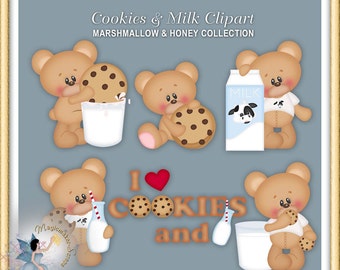 May include: A digital clipart image featuring several cartoon teddy bears with cookies and milk. The text "Cookies & Milk Clipart" and "Marshmallow & Honey Collection" is displayed at the top. The phrase "I love cookies and milk" is also present.