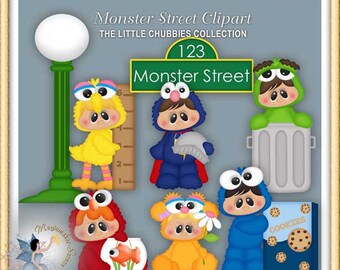 May include: A set of digital clipart images featuring various Sesame Street characters dressed in costumes. The characters include Cookie Monster, Elmo, Big Bird, and Oscar the Grouch. The images are labeled "Monster Street Clipart" and "The Little Chubbies Collection".