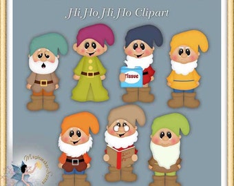 May include: A collection of seven cartoon dwarf characters with various colored hats, outfits, and beards. The image includes the text "Hi Ho Hi Ho Clipart" and "MAGICMAKER-SCRAPS.COM". One dwarf holds a tissue box.