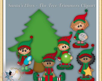 Christmas Clipart, Holiday, Santa's Elves, The Tree Trimmers