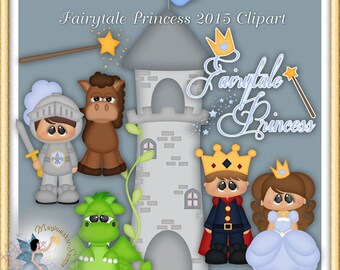 May include: A digital clipart set featuring a fairytale princess, a knight, a dragon, a horse, a prince, a castle, and a magic wand. The clipart is in a cartoon style and has a blue, gray, brown, green, and yellow color scheme. The text "Fairytale Princess 2015 Clipart" is at the top of the image.