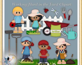 May include: Digital clipart set titled Working Hard in the Yard Clipart featuring four cartoon children in gardening attire, a white picket fence, a red wheelbarrow, a green fertilizer bag, a blue watering can, garden tools, and a ladybug.