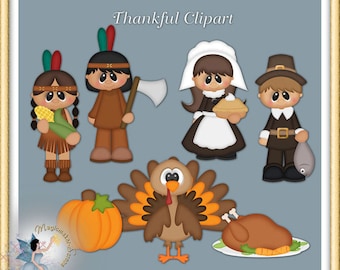 May include: A digital illustration set titled Thankful Clipart featuring cartoon characters including two figures with feathers, a pilgrim couple, a turkey, a pumpkin, and a roasted turkey on a platter, all set against a gray background.