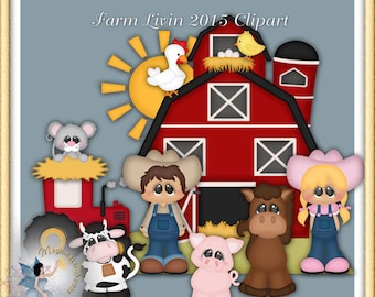 May include: A red barn with a white chicken on the roof, a yellow chick in a nest, a brown horse, a pink pig, a black and white cow, a red tractor, a mouse, a boy and a girl wearing overalls and cowboy hats, and a sun with yellow rays.  Farm Livin 2015 Clipart.