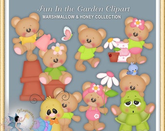 May include: A collection of whimsical clipart featuring teddy bears, flowers, and garden elements. The bears are dressed in various outfits and poses, with a butterfly and snail. Text includes "Fun In the Garden Clipart" and "Marshmallow & Honey Collection".