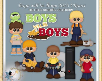 May include: Clipart set of six illustrations featuring boys in various activities. The illustrations are in a cartoon style and feature bright colors. The text "Boys will be Boys 2015 Clipart" is at the top of the image.