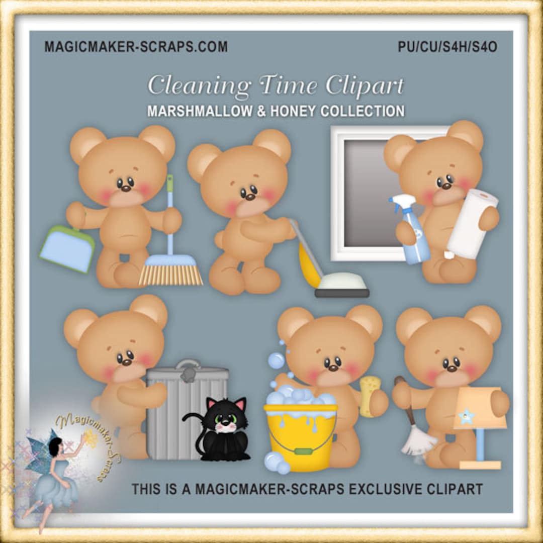 Cleaning Time Clipart, Teddy Bear, Vacuum Cleaner, Marshmallow and