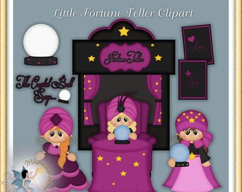 May include: A digital clipart image featuring a fortune teller theme. The image includes a crystal ball, a fortune teller's booth, and several cartoon fortune teller characters. The color palette includes shades of purple, black, and gold. Text includes "Little Fortune Teller Clipart".