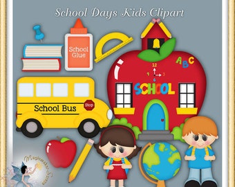 May include: A digital collection of school-themed graphics including a yellow school bus, a red apple-shaped schoolhouse with a clock, a globe, a bottle of glue, books, a protractor, a pencil, a red apple, and two children with backpacks.