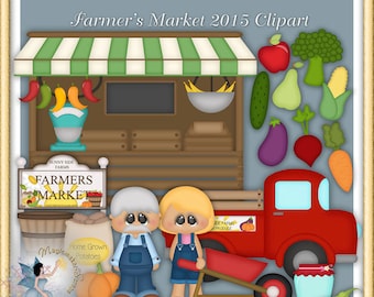 May include: A digital illustration set featuring a farmers market stand with a green and white striped awning, a red pickup truck, a wheelbarrow, a sack of potatoes, pumpkins, assorted vegetables, and two cartoon characters in overalls.
