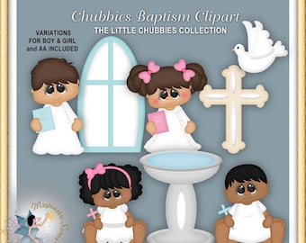 May include: Digital clipart set featuring cartoon babies in white baptismal gowns, holding books and crosses. Includes a dove, cross, and baptismal font. Text reads "Chubbies Baptism Clipart" and "The Little Chubbies Collection".