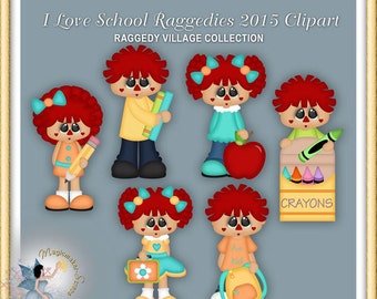 May include: Digital clipart set titled I Love School Raggedies 2015 Clipart from the Raggedy Village Collection. Six cartoon characters with red hair, heart-shaped cheeks, and school supplies including a pencil, books, apple, crayons, lunchbox, and backpack.