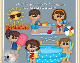 May include: Digital clipart set titled Heat Wave Fun 2015 Clipart The Little Chubbies Collection featuring cartoon characters in summer attire, a yellow sun with sunglasses, a blue polka dot pool, water balloons, a beach ball, and popsicles.
