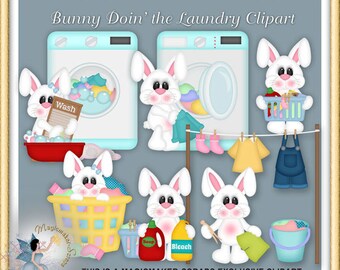 May include: A digital clipart set titled Bunny Doin' the Laundry Clipart featuring white cartoon bunnies performing laundry tasks. The images include bunnies with washing machines, a washboard, laundry baskets, soap, bleach, and clothes on a line.